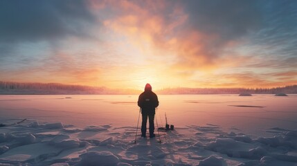 A man gearing up for a day of ice fishing photo realistic illustration - Generative AI. - Powered by Adobe
