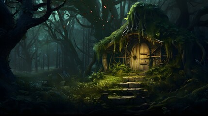 Enchanted Forest Hut, Fairytale Landscape, Magical Witch's House, Fantasy Woods