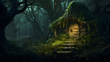 Foto op Plexiglas Enchanted Forest Hut, Fairytale Landscape, Magical Witch's House, Fantasy Woods © mashimara