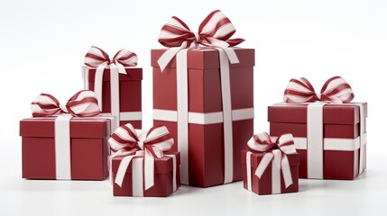 Charming assortment of red and white gift presents with ribbon bows on white background