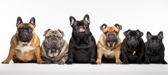 Group of dogs of different breeds, isolated on white background with copy space for text placement