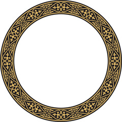 Vector gold and black Kazakh national round pattern, frame. Ethnic ornament of the nomadic peoples of Asia, the Great Steppe, Kazakhs, Kirghiz, Kalmyks, Mongols, Buryats, Turkmens