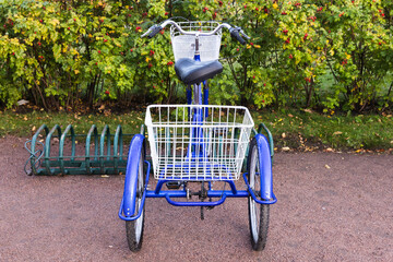 Blue tricycle with white cargo basket