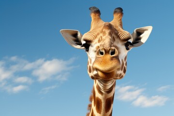A detailed close-up view of a giraffe's face with its distinctive patterned skin, set against a vibrant blue sky. 