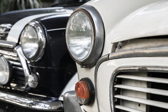 Headlights of old timers. Close up photo with selective focus