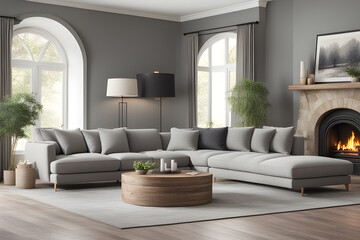 Fireside Modernity: Winter Ready Living Room with grey L long Sofa for modern  Style