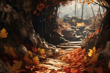 A scenic path in the woods with fallen leaves on the ground. Perfect for nature-themed designs and autumn-related projects
