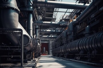 A picture of a large group of pipes in a building. This image can be used to illustrate plumbing, construction, infrastructure, or industrial themes