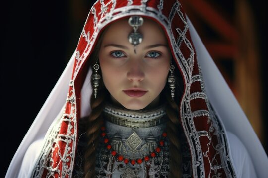 A Woman Wearing A Red And White Headdress. Suitable For Cultural Events And Traditional Celebrations