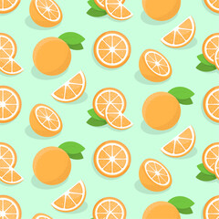 Oranges vector seamless pattern. Flat elements on green background. Best for textile, wallpapers, home decoration, wrapping paper, package and web design.