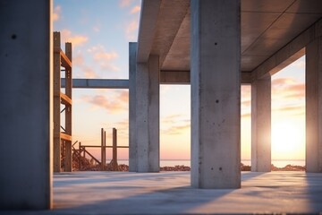 A picturesque scene of the sun setting behind a solid concrete structure. 