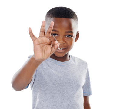 Portrait, smile and boy with perfect sign, kid and agreement isolated on transparent background. Face, person and model with happiness, hand gesture and emoji with feedback, png and symbol with like