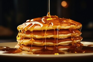 A delicious stack of pancakes covered in sweet, sticky syrup. Perfect for breakfast or brunch - obrazy, fototapety, plakaty