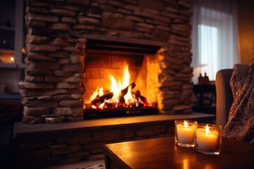 A warm and inviting fire place with flickering candles and a comfortable couch. Perfect for creating a cozy atmosphere in any space