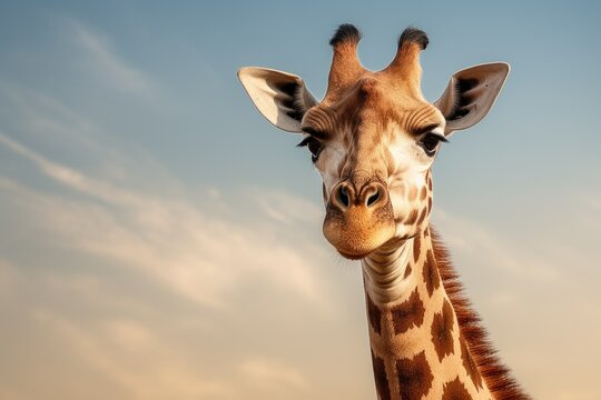 A close up view of a giraffe's face with its distinctive patterns, set against a beautiful blue sky. This image can be used to represent wildlife, nature, or African safari themes.