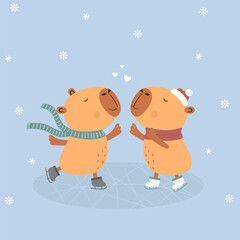 Greeting card with cute couple of capybaras skating. Capybaras in love