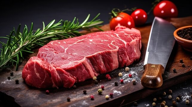 Rohes Steak auf einem rustikalen Holzbrett dekoriert mit Rosmarin, Pfeffer und Tomaten. Rotes Rindfleisch als leckeres Steak vor dem anbraten.