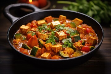 Vegetarisches rotes Curry in der Pfanne gebraten und angerichtet. - obrazy, fototapety, plakaty