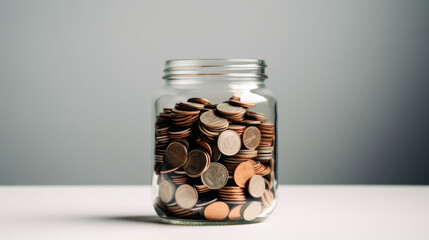 Glass jar filled with coins on light gray background. Minimalism. Close up.