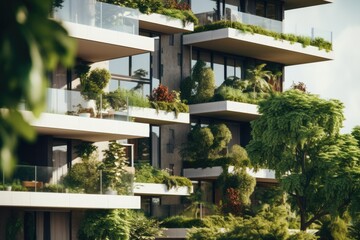 Fototapeta na wymiar A picture of a tall building with numerous balconies filled with lush green plants. This image can be used to depict urban green spaces and eco-friendly architecture.