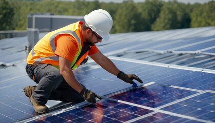 An American Construction Worker Installing Blue Solar Panels on a Rooftop Wearing a Orange Vest. 