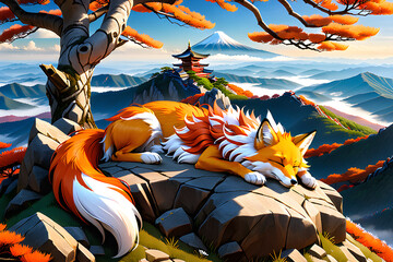 A thousand-year-old nine-tailed fox sleeping under a tree at the top of a mountain Generative AI