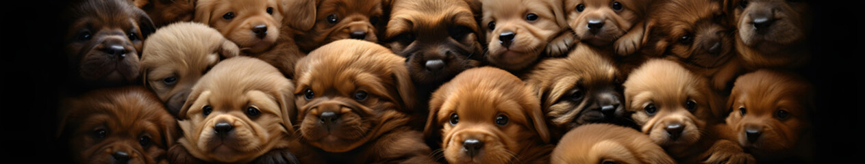 Puppy Pile Bliss Close-Up Top View of a Delightful Bundle of Baby Dogs. - obrazy, fototapety, plakaty