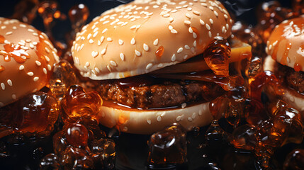 Close-Up of a Pile of Randomly Arranged Burgers on an Icy Desktop.