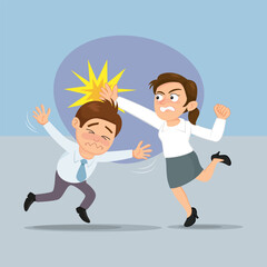 Fototapeta na wymiar Businesswoman hand hitting on head businessman, Business conflict in workplace.illustration vector eps10 cartoon. 