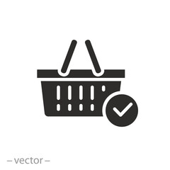 online shopping order icon, shopping basket with checkmark, flat symbol - vector illustration