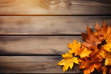 Naklejka na ściany i meble Wooden table with orange fall leaves, autumn natural background. Generative AI.