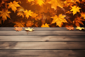 Naklejka na ściany i meble Wooden table with orange leaves autumn background. Generative AI.