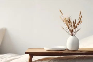 Foto op Plexiglas Modern white ceramic vase with dry Lagurus ovatus grass and marble tray on vintage wooden bench, table. Blurred beige linen blanket in front. Scandinavian interior. Empty white wall. generative ai. © SEUNGJIN