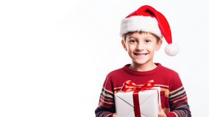 Little boy in santa hat holding a gift present smiling on white background