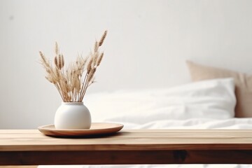 Modern white ceramic vase with dry Lagurus ovatus grass and marble tray on vintage wooden bench,...