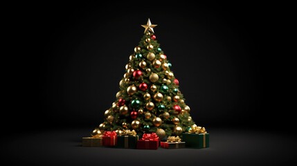 Christmas tree decoration with Christmas ball and gift boxes 