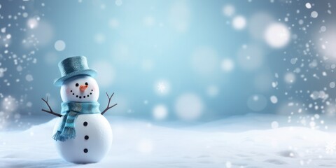 Fototapeta premium Christmas winter background with snow, one cute snowman and blurred bokeh. Merry Christmas and happy new year Vector illustration with empty space for text