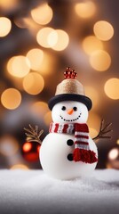 Obraz premium Christmas winter background with snow, one cute snowman and blurred bokeh. Merry Christmas and happy new year Vector illustration with empty space for text