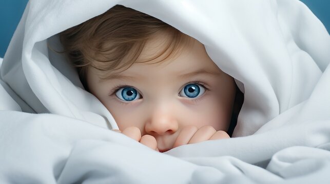 Captivating image of child with blue eyes peeking from under white blanket, ideal for text placement