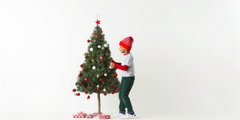 boy with santa hat on full body head to toe decorating christmas tree white background