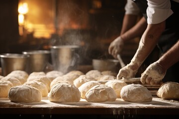 Experienced baker expertly kneading dough in bakery with copy space on blurred defocused background - obrazy, fototapety, plakaty