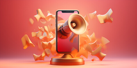 Modern smartphone with giant  speakers on yellow pink background, Colorful mobile entertainment setup. Generative Ai