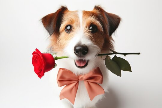 Cute portrait dog sitting and looking at camera with red rose in its mouth, isolated on a white background, concept for holidays and greetings