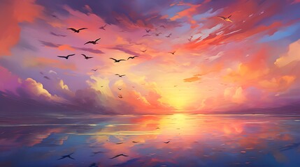Birds in flight against a colorful sky, sunset over the lake