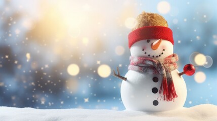 Fototapeta premium Winter Wonderland Christmas Background: Snowman, Bokeh and Festive Greeting Card with Copy-Space, Beautiful Blue Calm Celebration