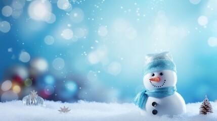 Fototapeta premium Winter Wonderland Christmas Background: Snowman, Bokeh and Festive Greeting Card with Copy-Space, Beautiful Blue Calm Celebration