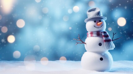 Fototapeta premium Winter Wonderland Christmas Background: Snowman, Bokeh and Festive Greeting Card with Copy-Space, Beautiful Blue Calm Celebration