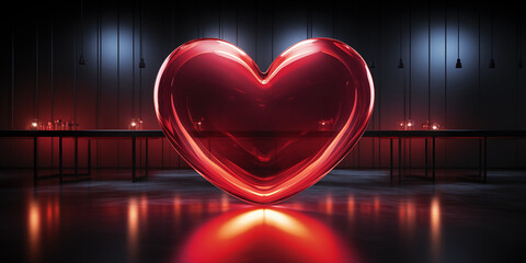 Schönes rotes Glas Herz transparent mit dunklen Hintergrund zum Muttertag und Valentinstag im Querformat für Banner, ai generativ