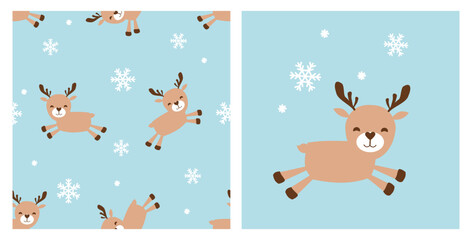 Christmas seamless pattern with reindeer cartoons, pine tree and snowflakes on blue background vector illustration. Christmas card with cute reindeer on blue sky background.