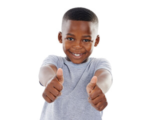 Portrait, smile and boy with thumbs up, child or agreement isolated on transparent background....